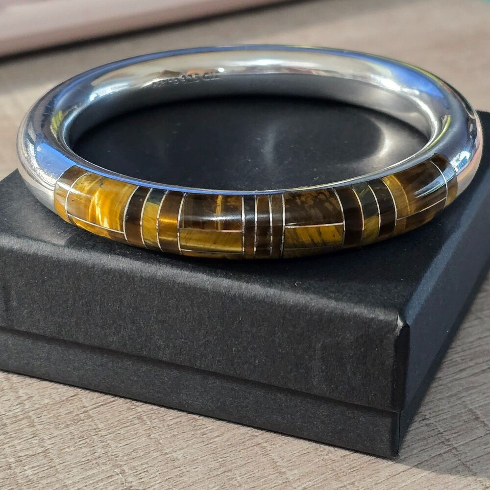 Vintage Roberto Salazar Mexico Inlay Tiger's eye 925 Bangle Bracelet